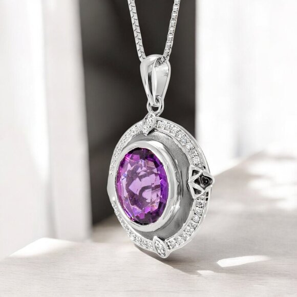 Amethyst and Lab Diamond Pendant in 925 Sterling Silver - Picture 2 of 3